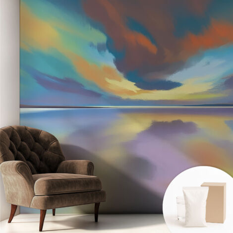 Papier peint intissé décoratif avec colle pour salon chambre et bureau Installation rapide Coucher de soleil arc-en-ciel 250x250 cm