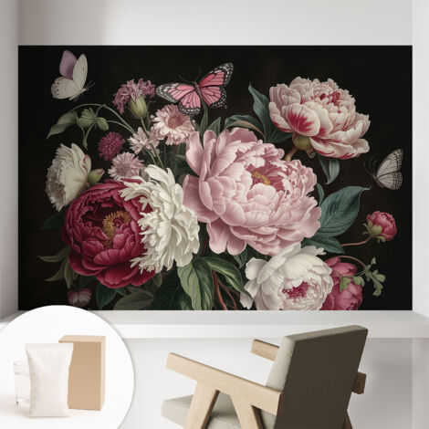 Papier peint intissé décoratif avec colle pour salon chambre et bureau Installation rapide Pivoines et papillons 104x70 cm