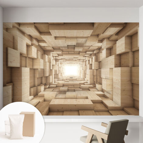 Papier peint intissé décoratif avec colle pour salon chambre et bureau Installation rapide Tunnel en bois 152x104 cm