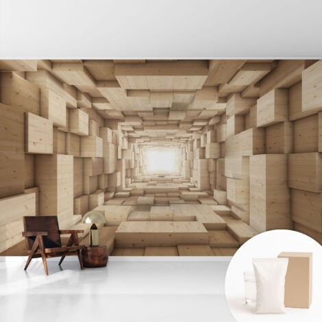 Papier peint intissé décoratif avec colle pour salon chambre et bureau Installation rapide Tunnel en bois 416x254 cm