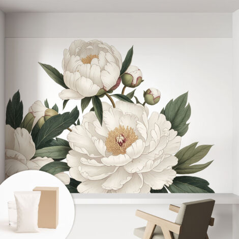 Papier peint intissé décoratif avec motifs pour salon et chambre a motif - Colle incluse gratuite Pivoines blanches 152x104 cm