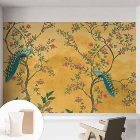 Papier peint intissé décoratif pour chambre et salon Design moderne à poser facilement - Colle incluse gratuite Arbres paons 152x104 cm