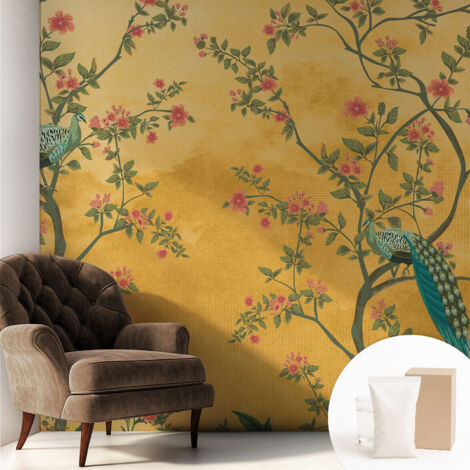 Papier peint intissé décoratif pour chambre et salon Design moderne à poser facilement - Colle incluse gratuite Arbres paons 250x250 cm