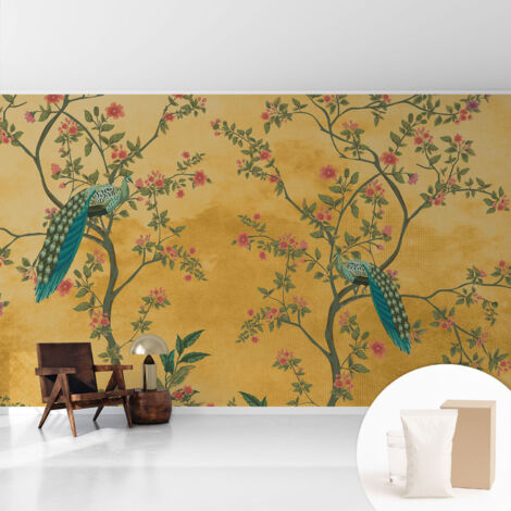 Papier peint intissé décoratif pour chambre et salon Design moderne à poser facilement - Colle incluse gratuite Arbres paons 416x254 cm