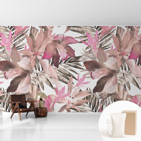 Papier peint intissé décoratif pour chambre et salon Design moderne à poser facilement - Colle incluse gratuite Fleurs exotiques 416x254 cm