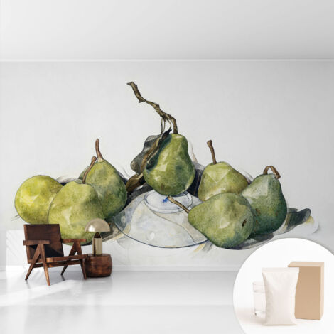 Papier peint intissé décoratif pour salon chambre et cuisine Facile à poser avec colle Poires à l'aquarelle 416x254 cm