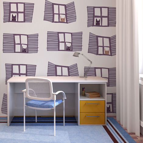 Papier peint intissé enfant 270x250 cm, illustration rigolote chat et chien à la fenêtre maison.