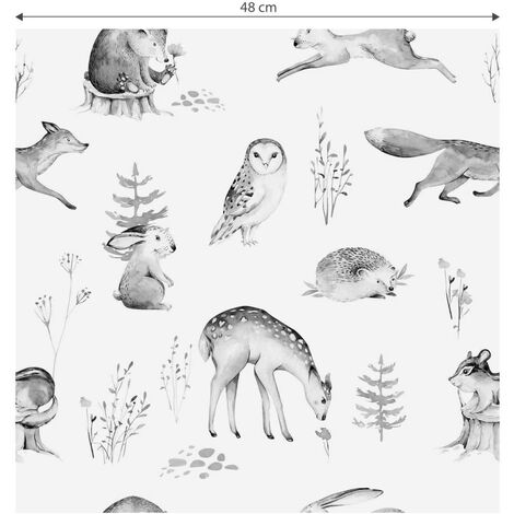 papier peint intissé Enfants animaux forêt bébé ours cerf hibou hérisson lapin 0,48 m x 10,08 m - noir