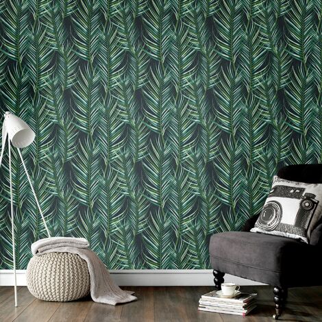 Papier Peint Intissé Entrelac de Feuilles de Palmier 1005 x 52cm Vert, bleu