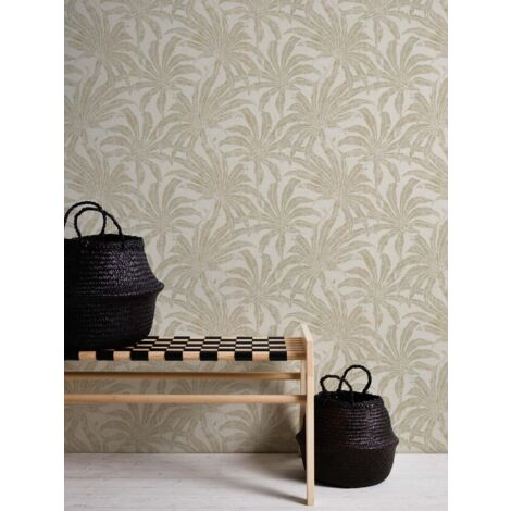 Papier peint intissé feuillage Tapisserie à fond crème et fleurs beiges Papier peint style tropical tendance pour couloir et chambre