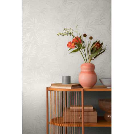 Papier peint intissé feuille et palmier aux tons crème, blanc - 10,05 x 0,53 m - collection Cosmopolitan