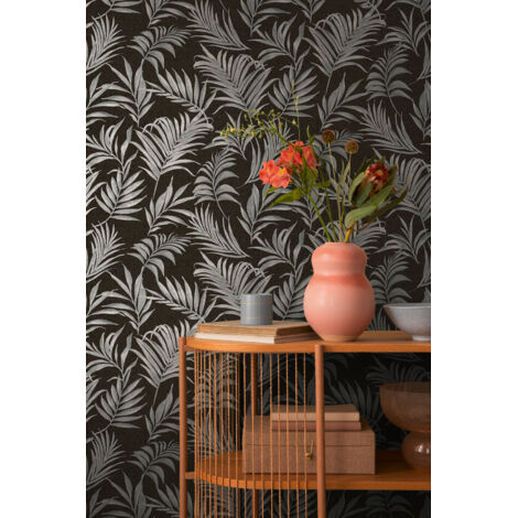 Papier peint intissé feuille et palmier aux tons noire et argent - 10,05 x 0,53 m - collection Cosmopolitan