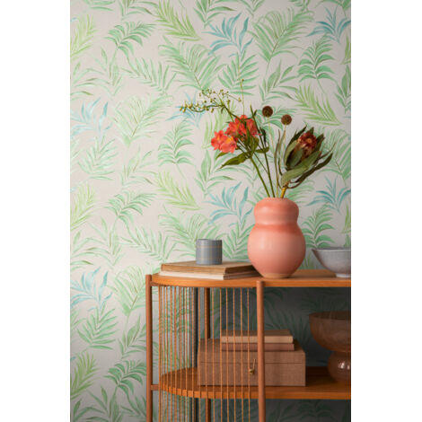 Papier peint intissé feuille et palmier aux tons vert et blanc - 10,05 x 0,53 m - collection Cosmopolitan