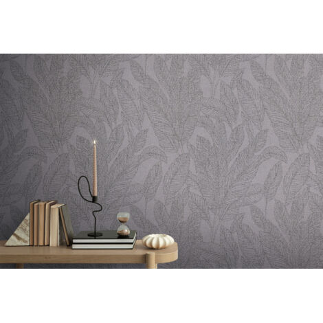 Papier peint intissé feuille et palmier, style jungle et tropical aux tons gris, noir et anthracite - 10,05 x 0,53 m