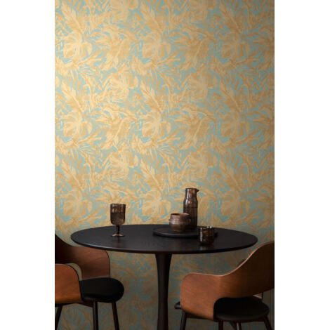 Papier peint intissé feuille et palmier, style tropical aux tons bleu et or - 10,05 x 0,53 m - collection Cosmopolitan