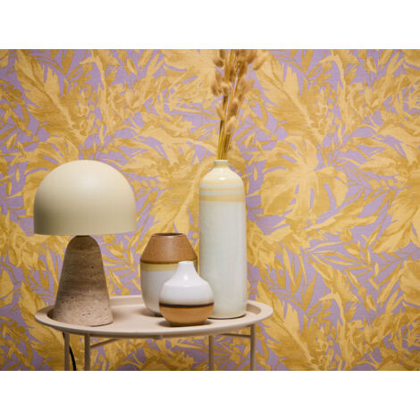 Papier peint intissé feuille et palmier, style tropical aux tons or, mauve et rose - 10,05 x 0,53 m