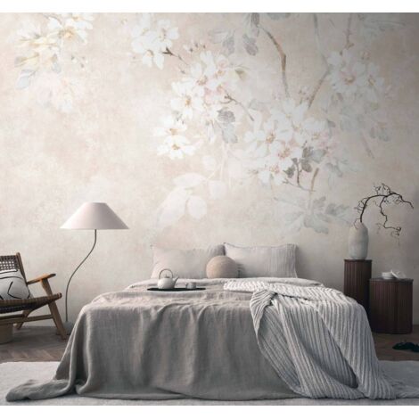 Papier peint intissé Fleuri Beige, Crème, Gris - 3,71 x 2,8 m
