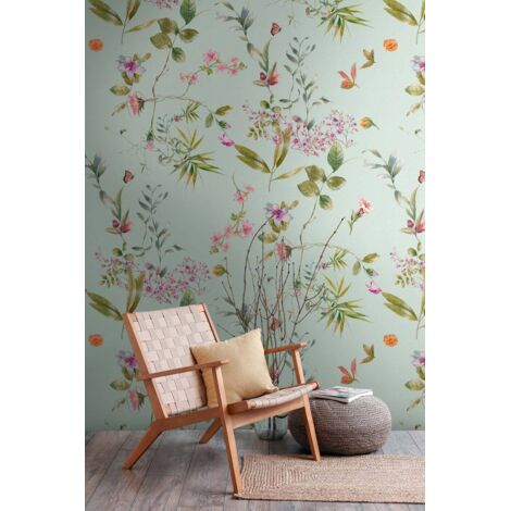 Papier peint intissé Fleuri Bleu, Vert, Rose - 1,59 x 2,8 m