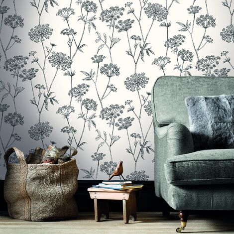 Papier peint intissé fleuri gravure 1000 x 53cm – Noir écru – Résistant à la lumière – Facile à poser – Pour salon et chambre – Superfresco Easy