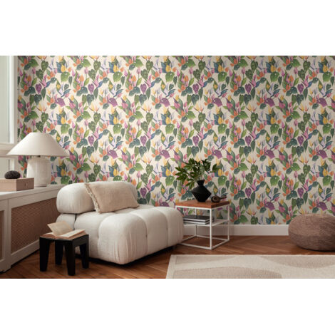 Papier peint intissé Fleuri Multicolore, Crème, Vert, Rose - 10,05 x 0,53 m
