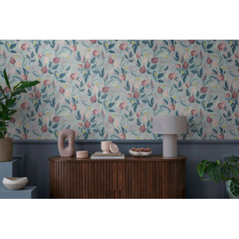 Papier peint intissé fleuri, scandinave aux tons bleu, violet et mauve - 10,05 x 0,53 m - collection Cosmopolitan