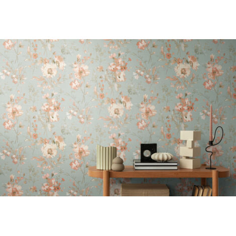 Papier peint intissé fleuri, scandinave aux tons gris, vert et orange - 10,05 x 0,53 m - collection Cosmopolitan