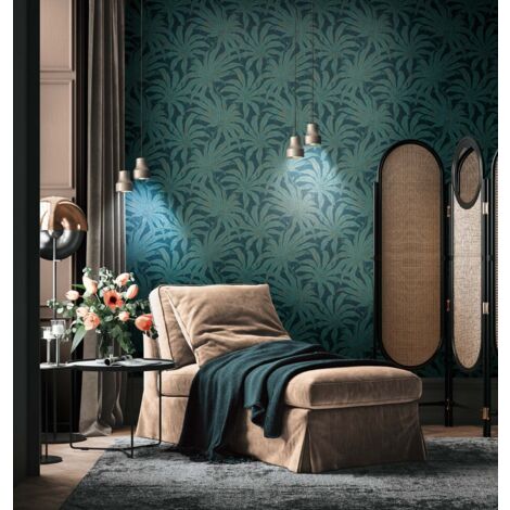 Papier peint intissé fleuri vert irisé Tapisserie tendance tropical idéale pour chambre et salon Papier peint feuillage à fond vert émeraude