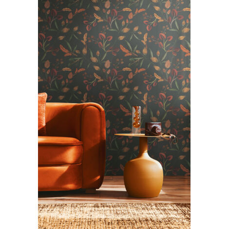 Papier peint intissé Fleuri Vert, Orange, Terre cuite, Rouge, Noir - 10,05 x 0,53 m
