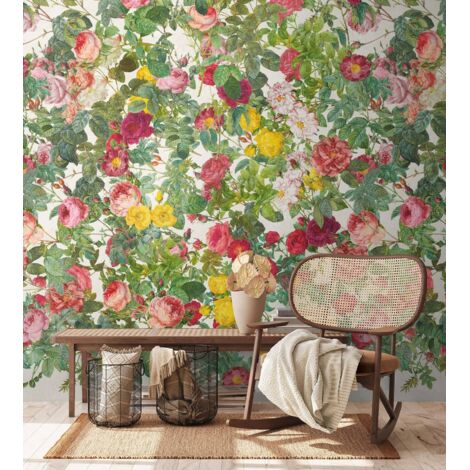 Papier peint intissé Fleuri Vert, Rose, Rouge - 1,59 x 2,8 m