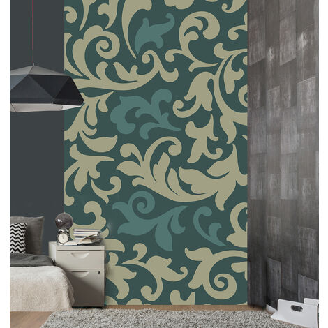Papier peint intissé floral, 250 cm X 150 cm, bleu turquoise et vert. Arabesque pour un panorama mural idéal.
