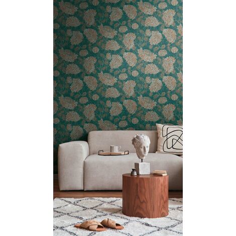 Papier peint intissé floral turquoise et brun Tapisserie à fleurs style vintage Papier peint élégant résistant et lavable idéal pour chambre