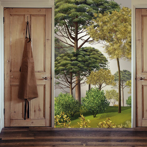 Papier peint intissé Forêt, 250 cm X 150 cm, style toile en peinture, illustration de grands arbres verts, panoramique. - Vert
