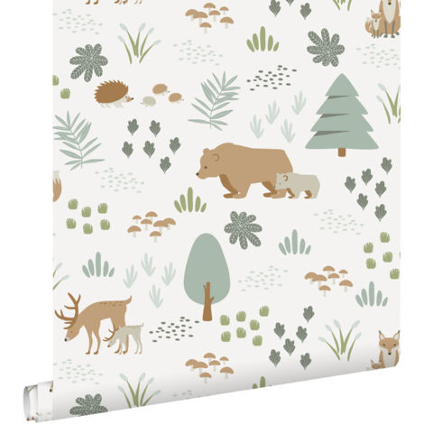 Papier peint intissé forêt animaux blancs – Dimensions 53cm x 10,05m – Écologique et facile à poser – Raccord sauté 26,5cm – Estahome