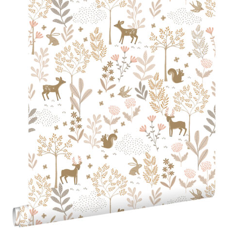 Papier peint à motif forêt avec animaux – Rose terracotta et beige – Dimensions 53cm x 10,05m – Pose facile sans table à tapisser – Estahome