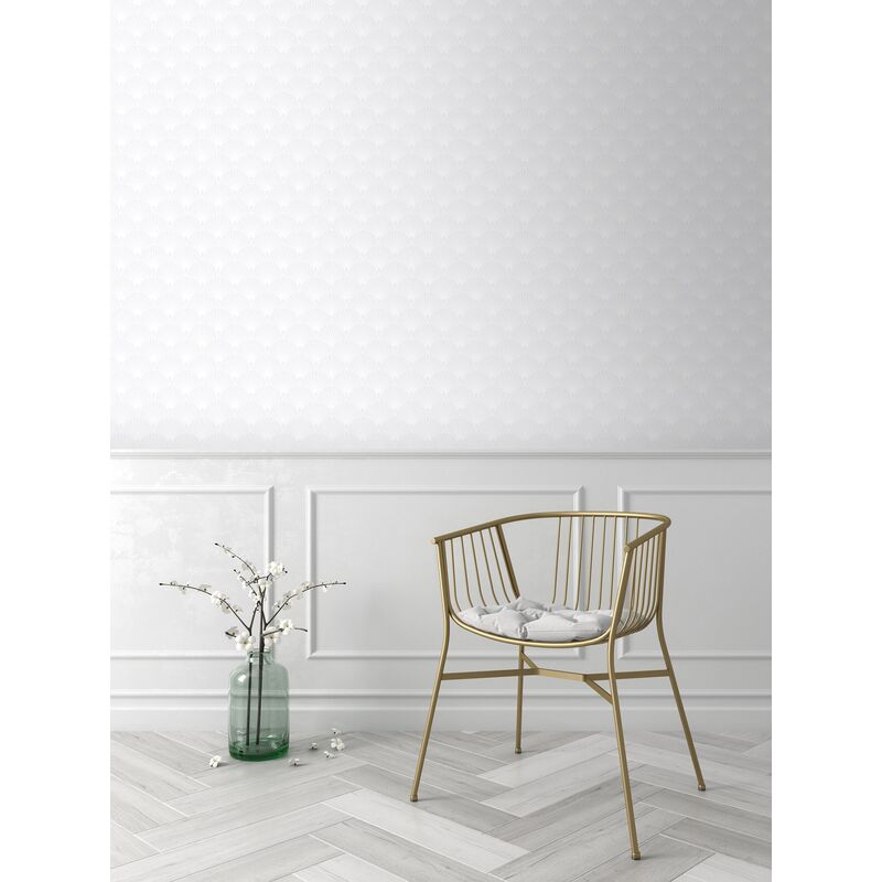Papier peint intissé Gatsby Art Déco écailles 1005 x 52cm Blanc, Nacre argentée