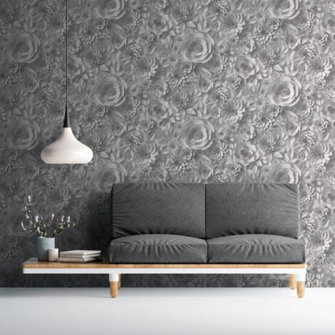 Papier peint intissé grandes fleurs gris – Effet 3D – Dimensions 53cm x 10,05m – Raccord sauté 26cm – Pour chambre et cuisine