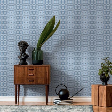 Papier peint intissé graphique bleu et gris Tapisserie géométrique baroque Papier peint style anglais idéal pour salle de bains