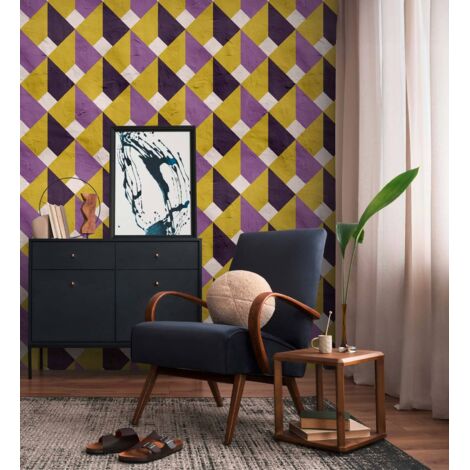 Papier peint intissé Graphique & Géométrique Jaune, Violet, Blanc - 1,59 x 2,8 m