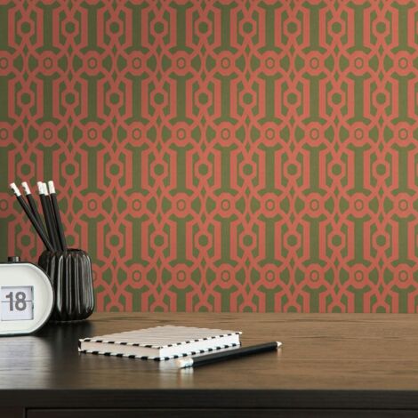 Papier peint intissé graphique vert et rouge Tapisserie géométrique baroque Papier peint style anglais idéal pour couloir