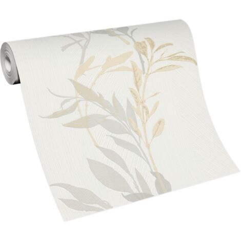 Papier peint intissé gris clair, blanc et beige – Motif feuillage floral – Résistant à la lumière – Application facile sans trempage – Bricoflor