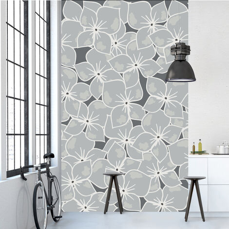 Papier peint intissé gris et fleurs grises, motif capucine, 250x150cm, pour décorer votre intérieur panoramique.