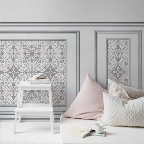 Papier peint intissé gris motif arabesque, décoratif unique, imitation boiseries, 75 cm X 200 cm