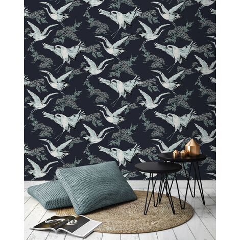 Papier peint intissé Grues 1005 x 52cm Bleu foncé