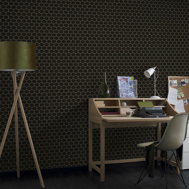 Papier peint intissé Hexagone Geo 1005 x 52cm Noir, doré