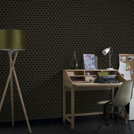 Papier peint intissé Hexagone Geo 1005 x 52cm Noir, doré