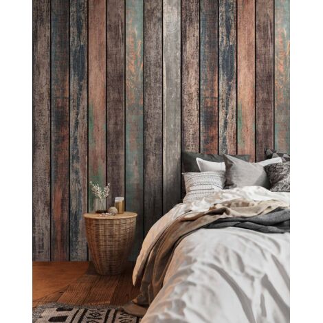 Papier peint intissé Imitation bois Bleu, Marron, Multicolore - 1,59 x 2,8 m