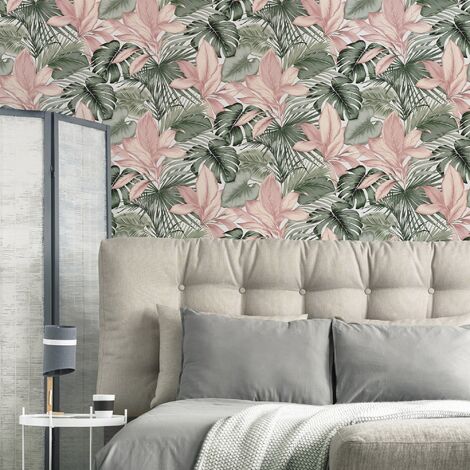 Papier peint intissé Indra Eucalyptus 1005 x 52cm Blanc, vert, rose - Vert