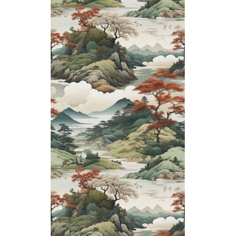 Papier peint intissé Japonais & asiatique Beige, Marron, Vert - 1,59 x 2,8 m