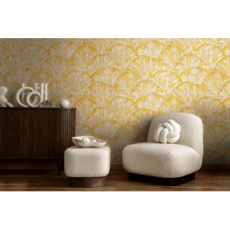 Papier peint intissé Japonais & asiatique Crème, Jaune, Or - 10,05 x 0,53 m