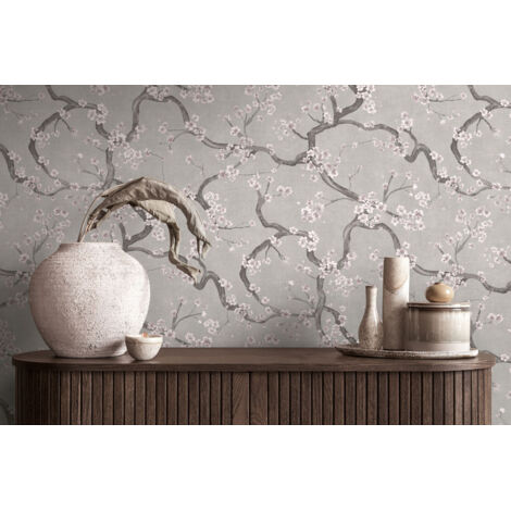 Papier peint intissé Japonais & asiatique Gris, Rose, Argent - 10,05 x 0,53 m